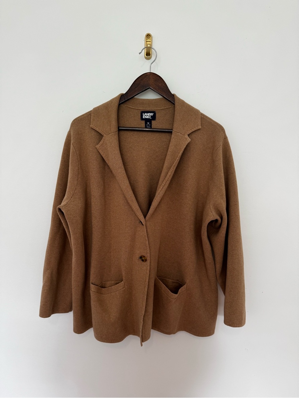 Lands’ End Camel Sweater Blazer 1X 16W-18W Knit Cardigan